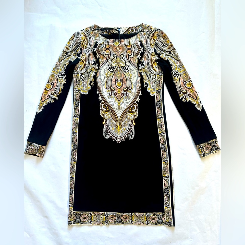 Donna Morgan Elegant Black and Gold Paisley Dress